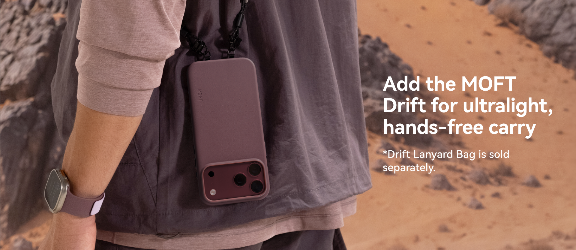 MOFT Snap Case MOVAS worn hands-free using the MOFT Drift Lanyard Bag accessory