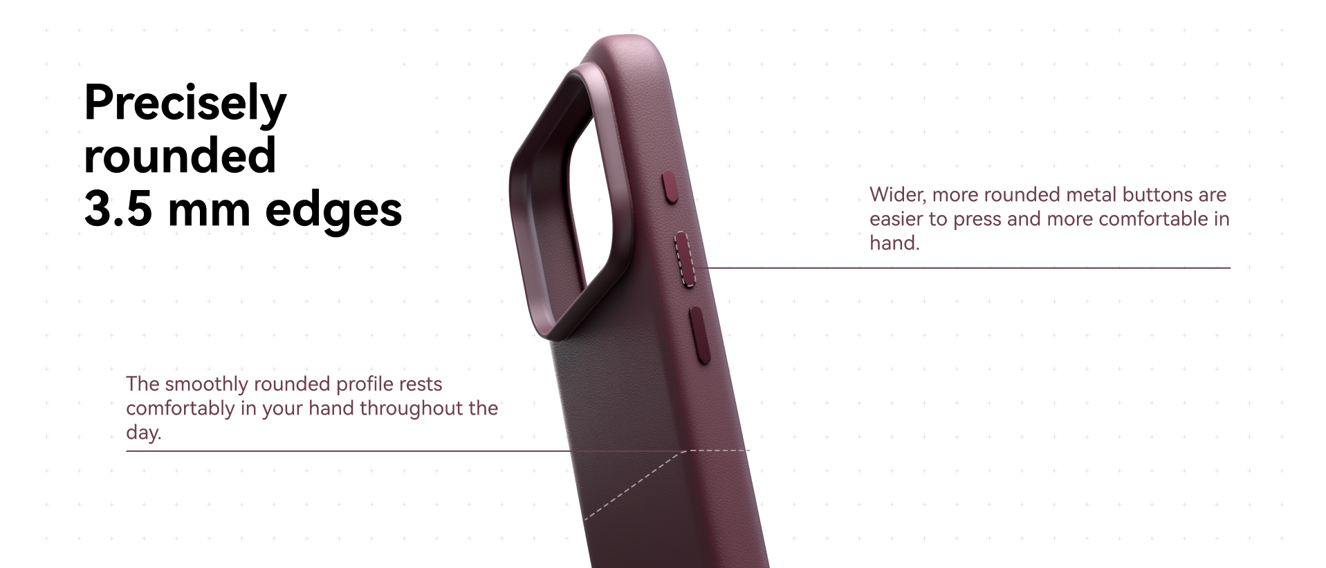 Side profile of the MOFT Snap Case MOVAS showing 3.5mm rounded edges and metal side buttons