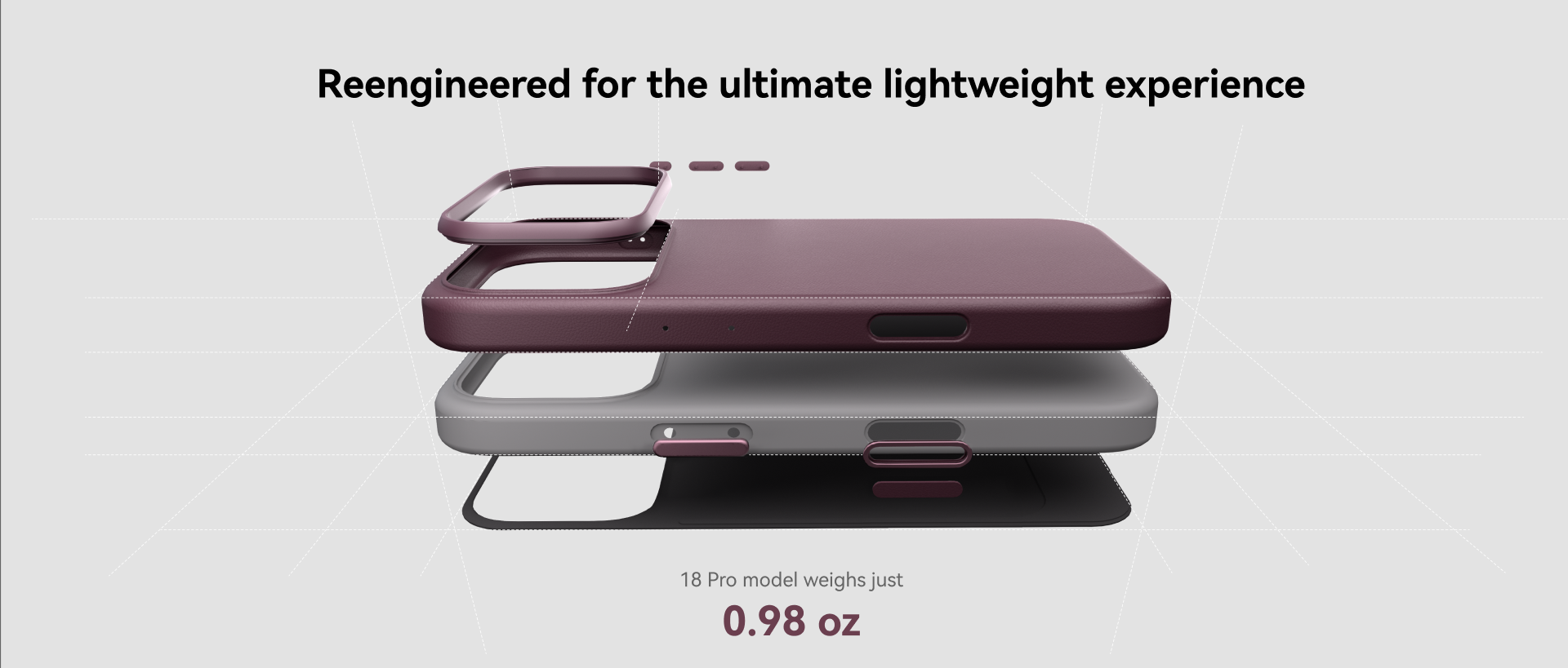 Exploded view of the MOFT Snap Case MOVAS showing its 0.98oz ultralight weight for iPhone 18 Pro